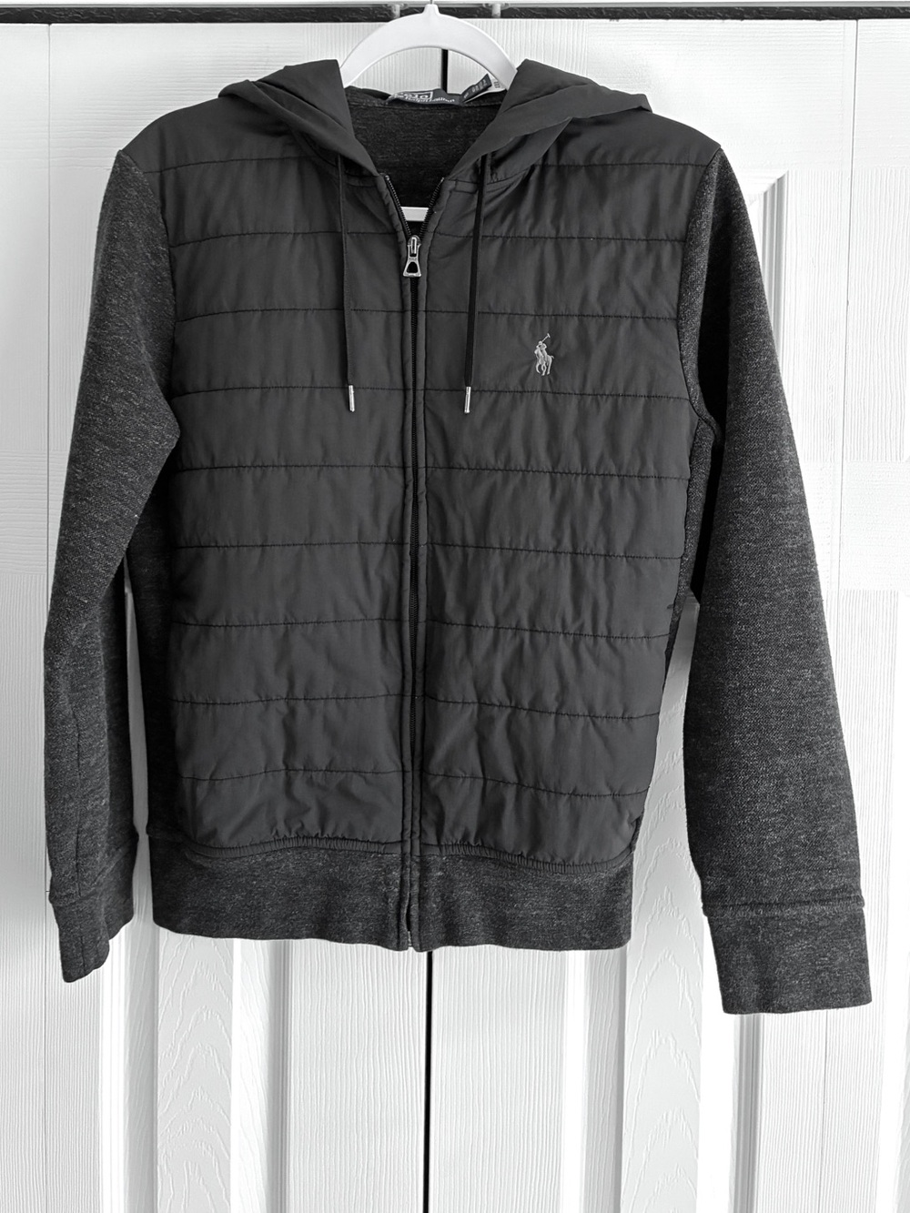 Polo Ralph Lauren Quilted Full Zip Hoodie Women XS Black Gray Hybrid Jacket - Picture 2 of 13